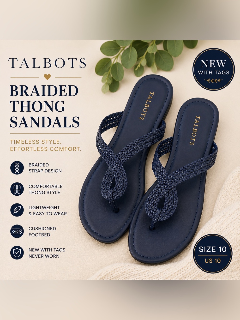 NWT Talbots Navy Braided Thong Sandals in size 10